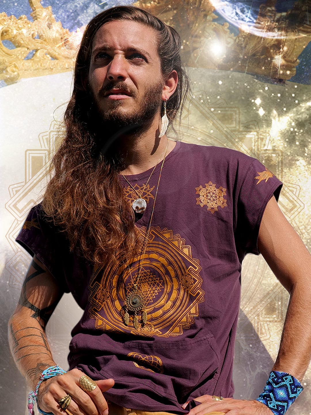 Crystal Infused Cuff T Shirt - Sri Yantra Sacred Geometry Festival Clothing Seed of Creation