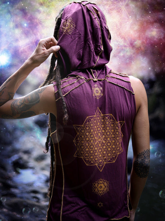 Crystal Infused Sleeveless Hooded T Shirt - Merkaba, Metatron Sacred Geometry Eco-Fashion Festival Clothing Crystal Infused Seed of Creation