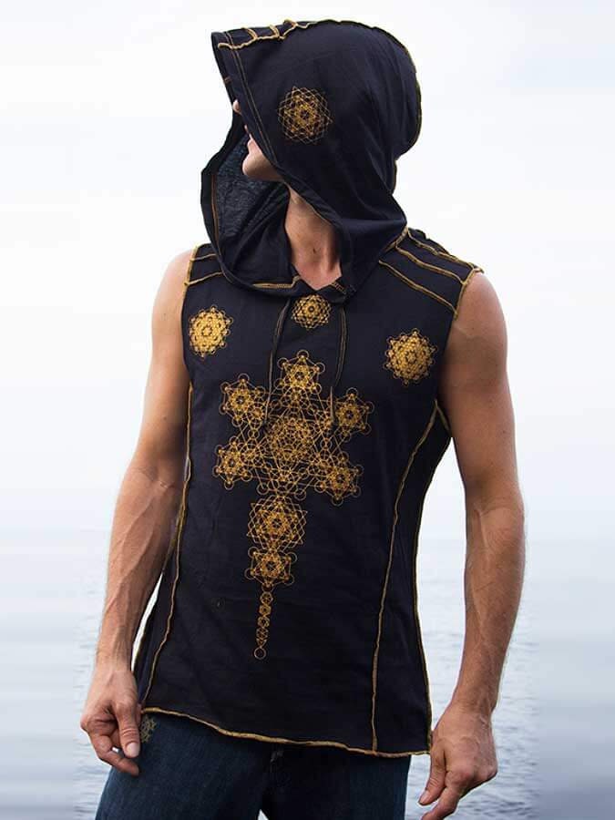 Crystal Infused Sleeveless Hooded T Shirt - Merkaba, Metatron Sacred Geometry Eco-Fashion Festival Clothing Crystal Infused Seed of Creation