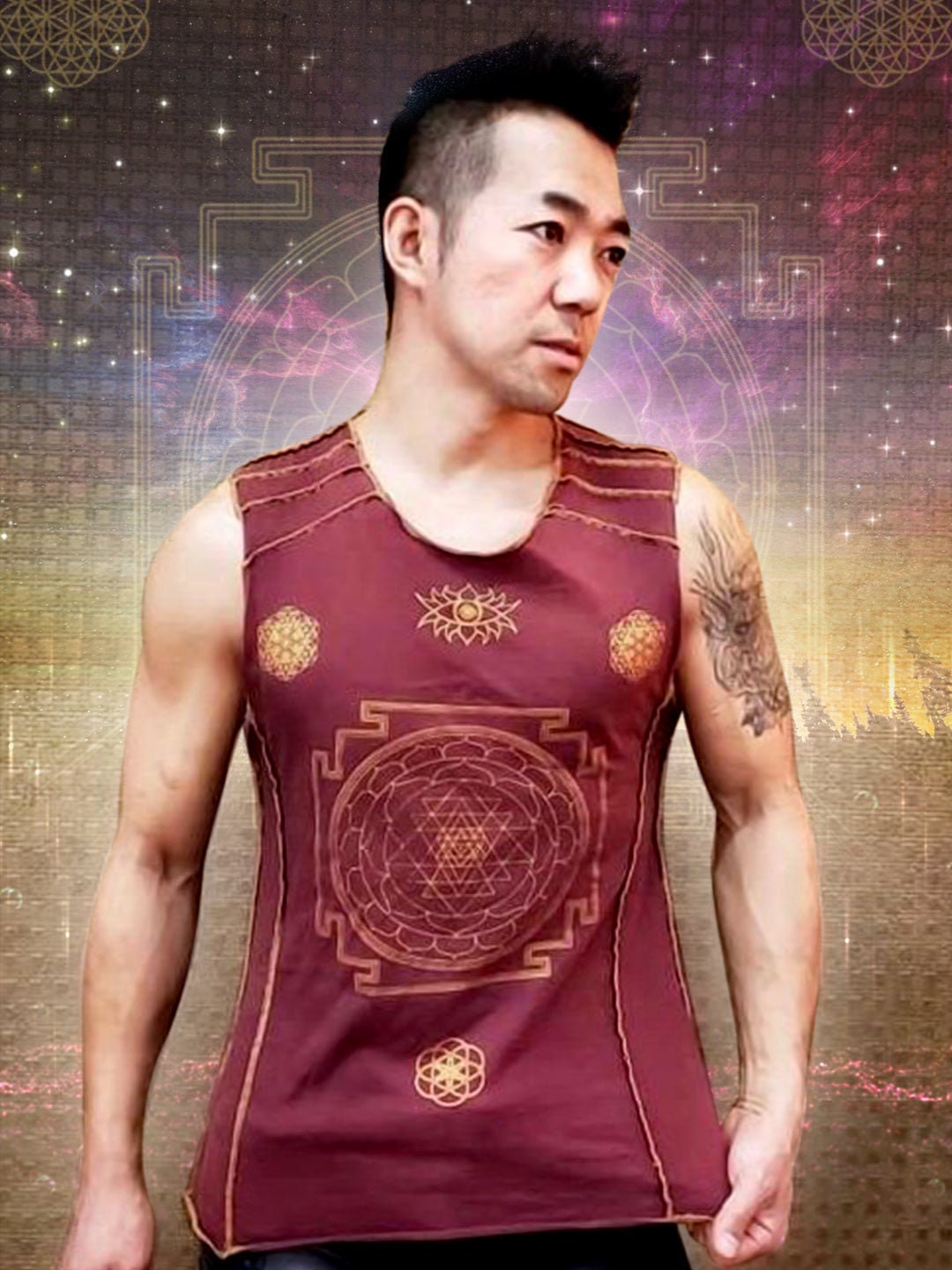 Crystal Infused Sleeveless T-Shirt - Sri Yantra Sacred Geometry Festival Clothing Eco Friendly Seed of Creation