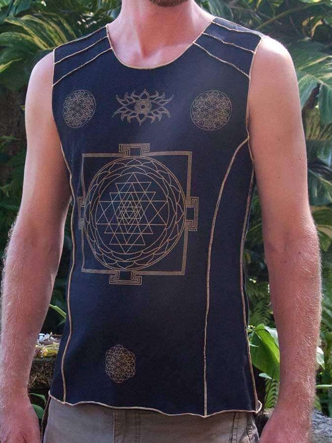 Crystal Infused Sleeveless T-Shirt - Sri Yantra Sacred Geometry Festival Clothing Eco Friendly Seed of Creation