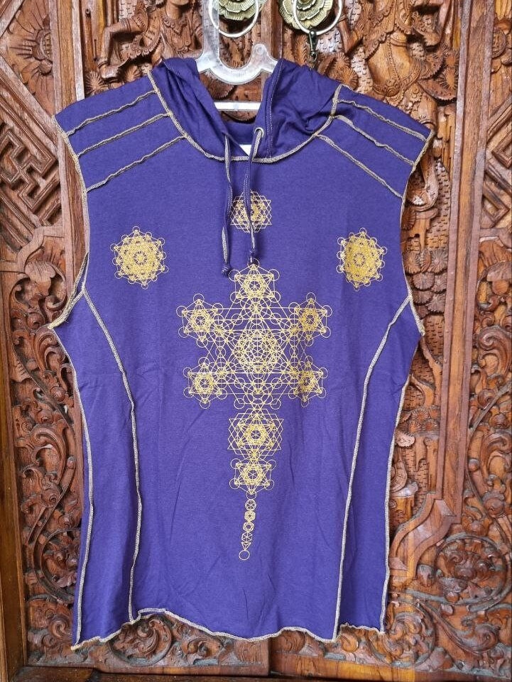 Crystal Infused Sleeveless Hooded T Shirt - Merkaba, Metatron Sacred Geometry Eco-Fashion Festival Clothing Crystal Infused Seed of Creation