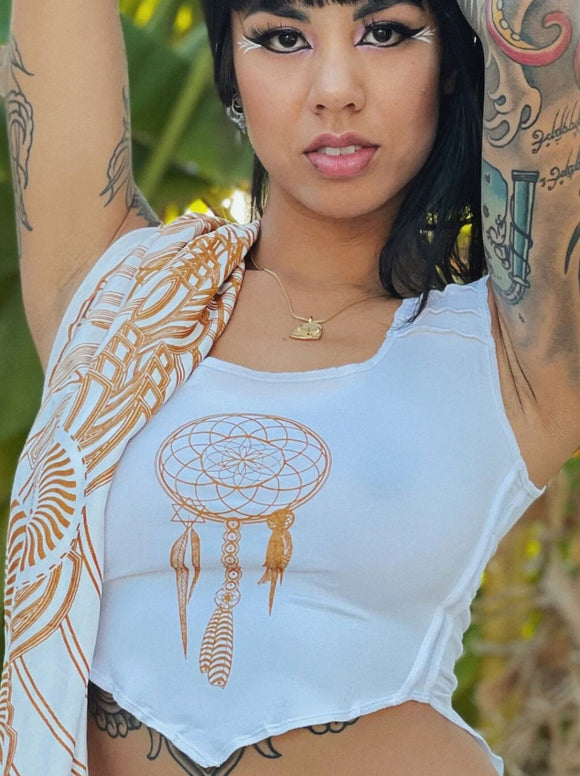 Womens Goddess Top Mini Dream Weaver Dream Catcher Sacred Geometry Clothing Festival Clothing Crystal Infused Eco Friendly Seed of Creation